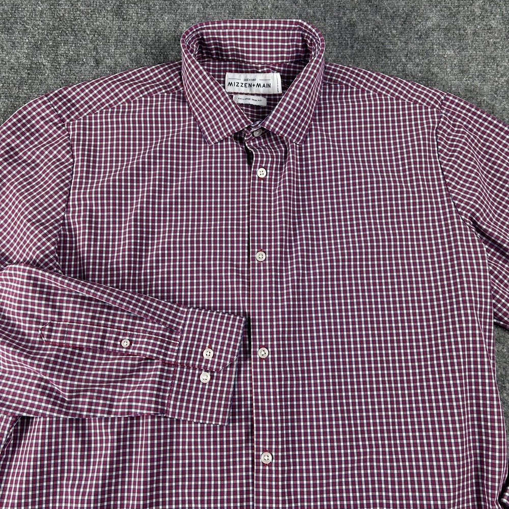 Mizzen+Main Leeward Shirt Mens 2XL Trim Fit Red‎ Blue Plaid Button Down Stretch